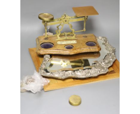 A set of postal scales, a white metal overlaid easel mirror, length 36.5cm, and a carved wood panel