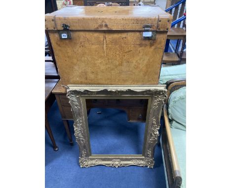 A large Victorian tan leather travelling trunk, width 76cm, depth 52cm, height 58cm together with a rectangular gilt gesso pi
