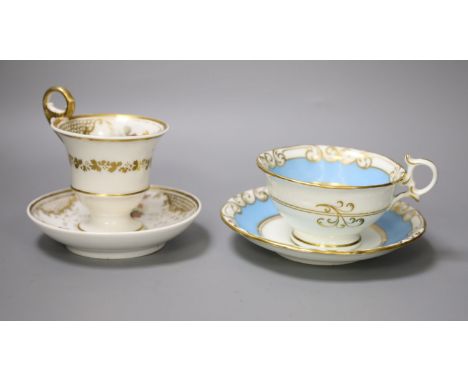 A Graingers Worcester turquoise ground teacup and saucer painted with landscapes, Royal Warrant mark and a high pedestal coff