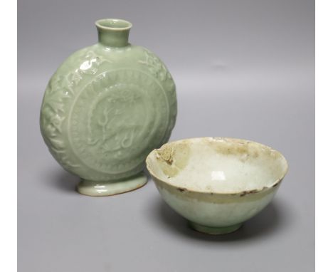 A Chinese celadon glazed moonflask, height 17cm, and bowlCONDITION: Flask good.  Bowl with obvious repairs re-touches, chips 