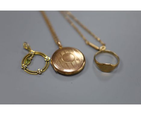 A 9ct gold signet ring, a yellow metal pearl and peridot openwork pendant, gross 2 grams and a 9ct gold locket on gilt metal 