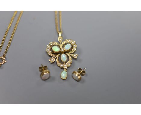 A modern 9ct gold, opal and seed pearl openwork drop pendant, on 9ct gold chain and a pair of opal 9ct stud earrings, gross 9