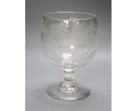A large Victorian wheel engraved glass 'hunting' rummer, height 21cmCONDITION: Good condition; acceptable wear to underside.