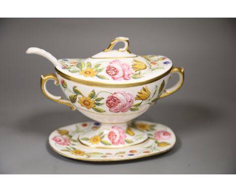 An English porcelain floral moulded tureen cover and ladle, probably Coalport, height 15cm