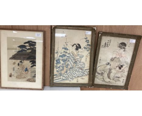 Three Japanese woodblock prints, including one by Keisai Eisen from 'A Summer Scene of Beauties', depicting a beautiful lady 