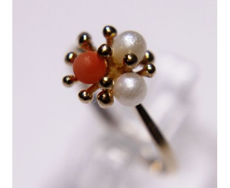 9 ct gold pearl and coral ring. size O