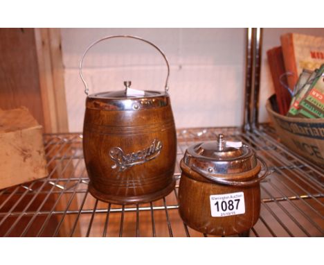 Oak biscuit barrel and tea caddy