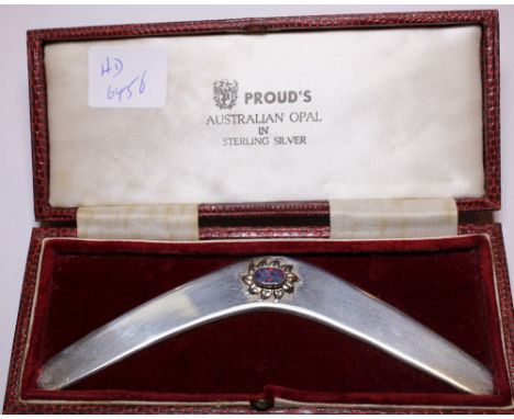 Sterling silver boomerang set with Australian Opal in original Prouds box