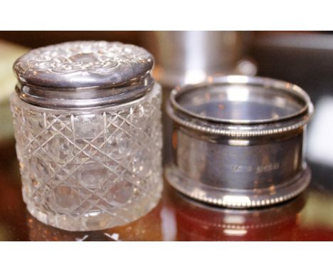 Hallmarked silver and cut glass dressing table pot and a hallmarked silver napkin ring