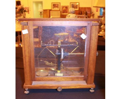 Baird & Tatlock scientific scale with glass and mahogany cabinet