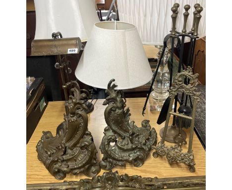 An ornate three section fire fender with four table lamps etc.