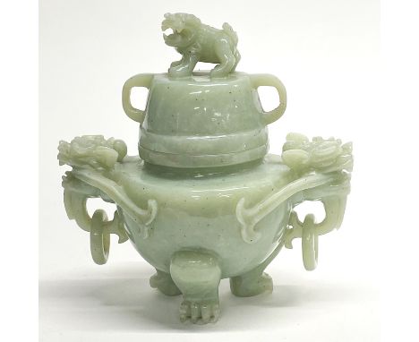 A Chinese carved jade / hardstone lidded censer with integral handles, W. 16cm.