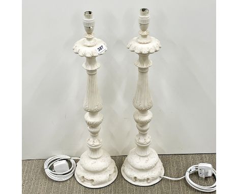 A pair of 1930's 'chalk' candlestick style table lamps, H. 64cm. Rewired and PAT tested.