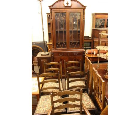 Mahogany glazed top bookcase, pair of spelter figures and five ladder back chairs