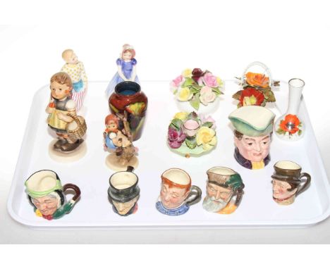 Five Royal Doulton small character jugs, Moorcroft vase, Hummel and Royal Doulton figures, posies, etc