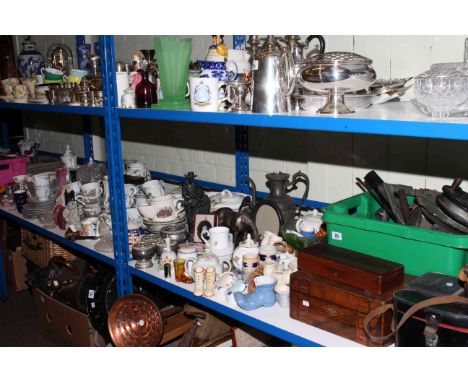 Binoculars, 19th Century box, books, fishing reel, tools, records, Royal Albert 'Lavender Rose' and other china, glass, etc