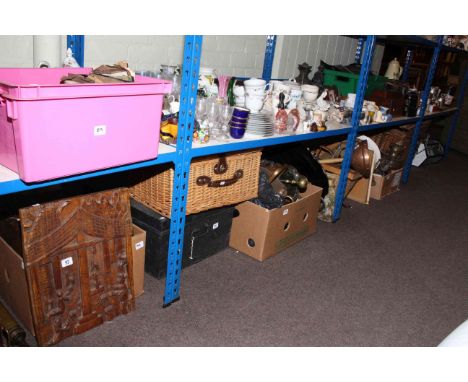 Large collection of metalwares, wicker baskets, wicker car trunk, lamps, books, pictures, wood carvings, etc