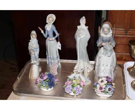 Four Lladro and two Nao figures, and three posies (9)