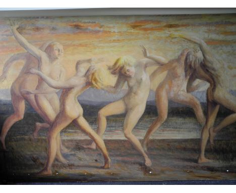 CARMEL CAUCHI (b.1927) Unframed, signed, dated 1987, oil on board, group portrait of five young nymphs dancing nude, 122cm x 