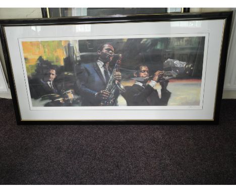 JIN G KAM(b.1953) Framed, glazed, signed and numbered, 20th Century, silkscreen print, group portrait of three musicians to i
