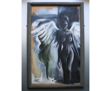 *K M MELVILLE. Framed, signed, dated 1993, oil on panel, portrait of a nude female figure with white wings, 120.5cm x 74.5cm.