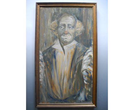 PEG FOSTER. Framed, signed, dated 1973, oil on canvas, portrait of a clown with voluminous shirt and waistcoat, 89.5cm x 48.5