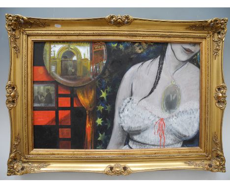 KEN BIRCH. Framed, signed, 20th Century, oil on board, title to verso ‘The Mayor’s Ball’, abstract portrait of a woman loosel