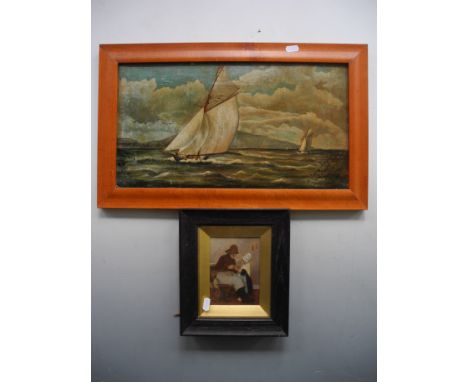 Pair of framed oils, to include one indistinctly signed seascape of a large sailing boat and smaller sailing boat in the dist