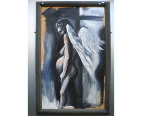 *K M MELVILLE. Framed, signed, dated 1995, oil on panel, portrait of a pregnant nude figure with white wings turned from view