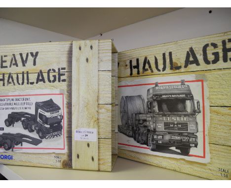 Two boxes of Corgi sets, Man King Trailer and reel lead and scania top line tractor unit.