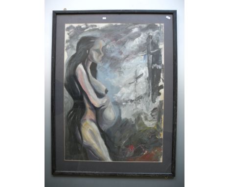 *K M MELVILLE. Framed, glazed, signed, dated 1989, acrylic on paper, portrait of a pregnant nude with her hand on her stomach