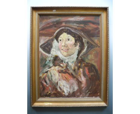 Framed, unsigned, 20th Century, oil on board, head and shoulders portrait of a young lady turned slightly and smiling wearing