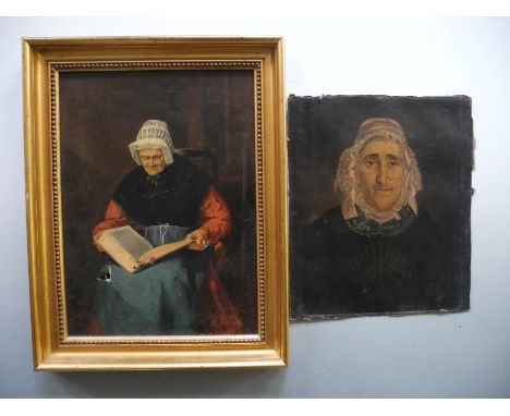Set of two unsigned, 19th Century, oils, to include one unframed portrait study of an old woman in an ornate lace and ribbon 