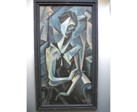 *K M MELVILLE. Framed, signed, dated 1992, mixed media on panel, title to verso ‘seated woman in a black dress’, abstract por