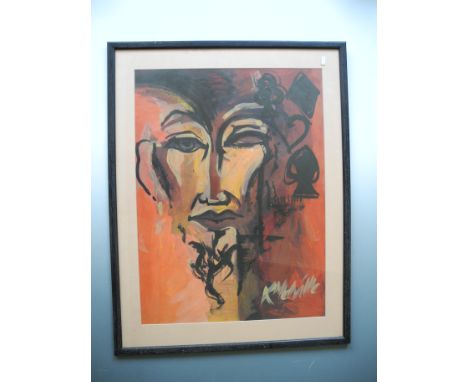 *K M MELVILLE. Pair of framed, glazed, signed, 20th Century, acrylic on paper, both depicting abstract studies of faces in ye
