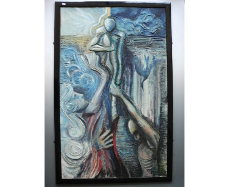*K M MELVILLE. Framed, signed, 20th Century, mixed media, allegory of heaven and hell depicting a central figure knelt above 