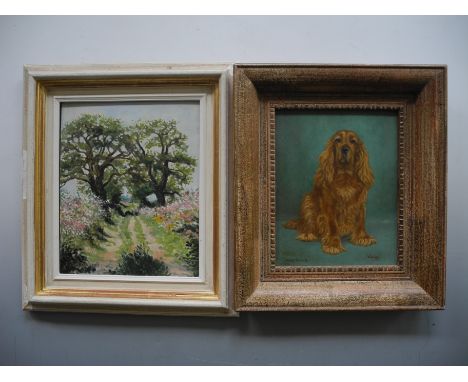 Pair of framed, signed, 20th Century, oil on board, to include one MAUD TURNER portrait of a golden spaniel with title to wor