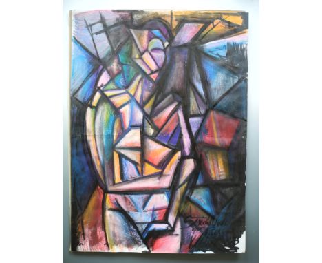 *K M MELVILLE. Framed, signed, 20th Century, mixed media, abstract portrait in vivid colours, 115cm x 84cm.