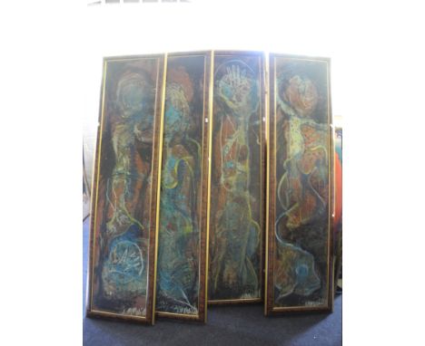 *K M MELVILLE. Set of four framed, signed, 20th Century, oil on panel, abstract images depicting various animal and human fig