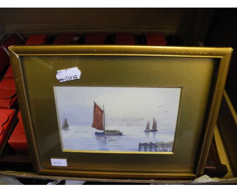 Twenty five boxed brass miniature ornaments in shelf and framed watercolour.