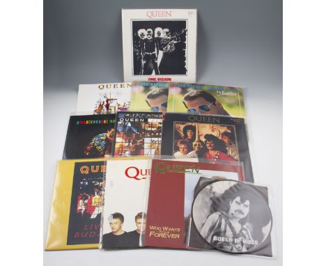 A group of eleven Queen and Freddie Mercury records to include; One Vision, Who Wants to Live Forever (with Highlander cover)