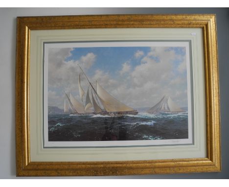 STEPHEN DEWS (b.1949) Framed, glazed, signed, 20th Century, numbered print, seascape depicting two white sailboats crossing e
