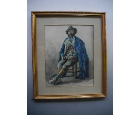 Framed, glazed, unsigned, 20th Century, watercolour on paper, portrait of a continentally dressed vagabond seated on a wooden