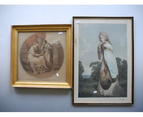Pair of framed, glazed, unsigned, possibly 18th Century, prints, to include one portrait of a lady dressed in furs walking al