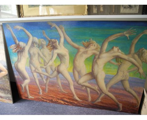 CARMEL CAUCHI (b.1927) Unframed, signed, dated 1987, oil on board, group portrait of seven young nymphs dancing nude, 122cm x