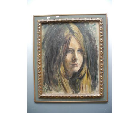PEG FOSTER. Framed, signed, 20th Century, oil on board, portrait of the head of a young girl with dark blonde hair, 59cm x 47