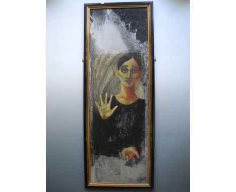 *K M MELVILLE. Framed, signed, 20th Century, oil on panel, portrait of a young woman outstretching one hand and holding the o