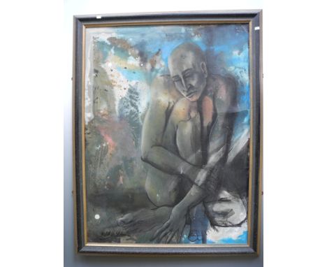 *K M MELVILLE. Framed, signed, 20th Century, oil on panel, portrait of a nude seated and grasping their leg against a blue an