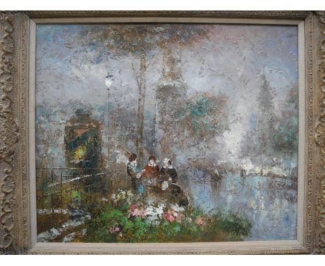 Framed, unsigned, 20th Century, oil on board, impressionist style French scene depicting a group of ladies sitting on a bench