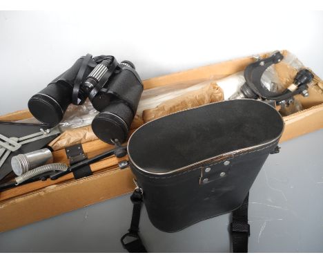 A boxed telescope, tripod and cased binoculars.